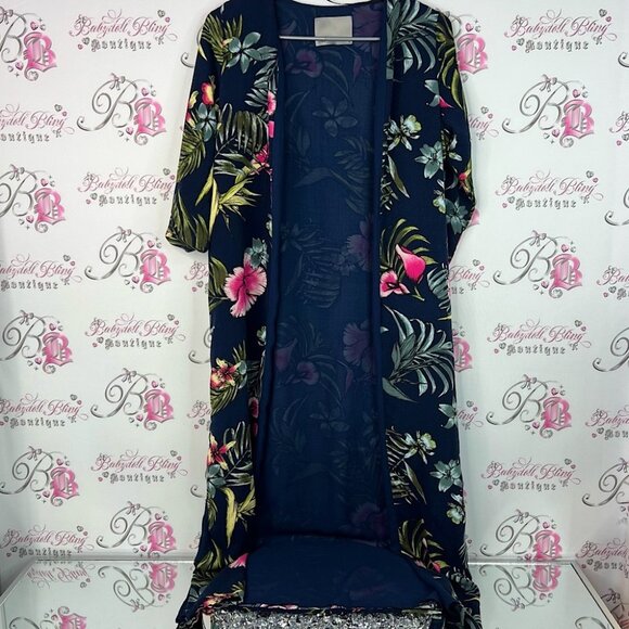 Vero Moda cardigan open waterfall tropical flowers Navy Floral Kimono - Picture 1 of 10